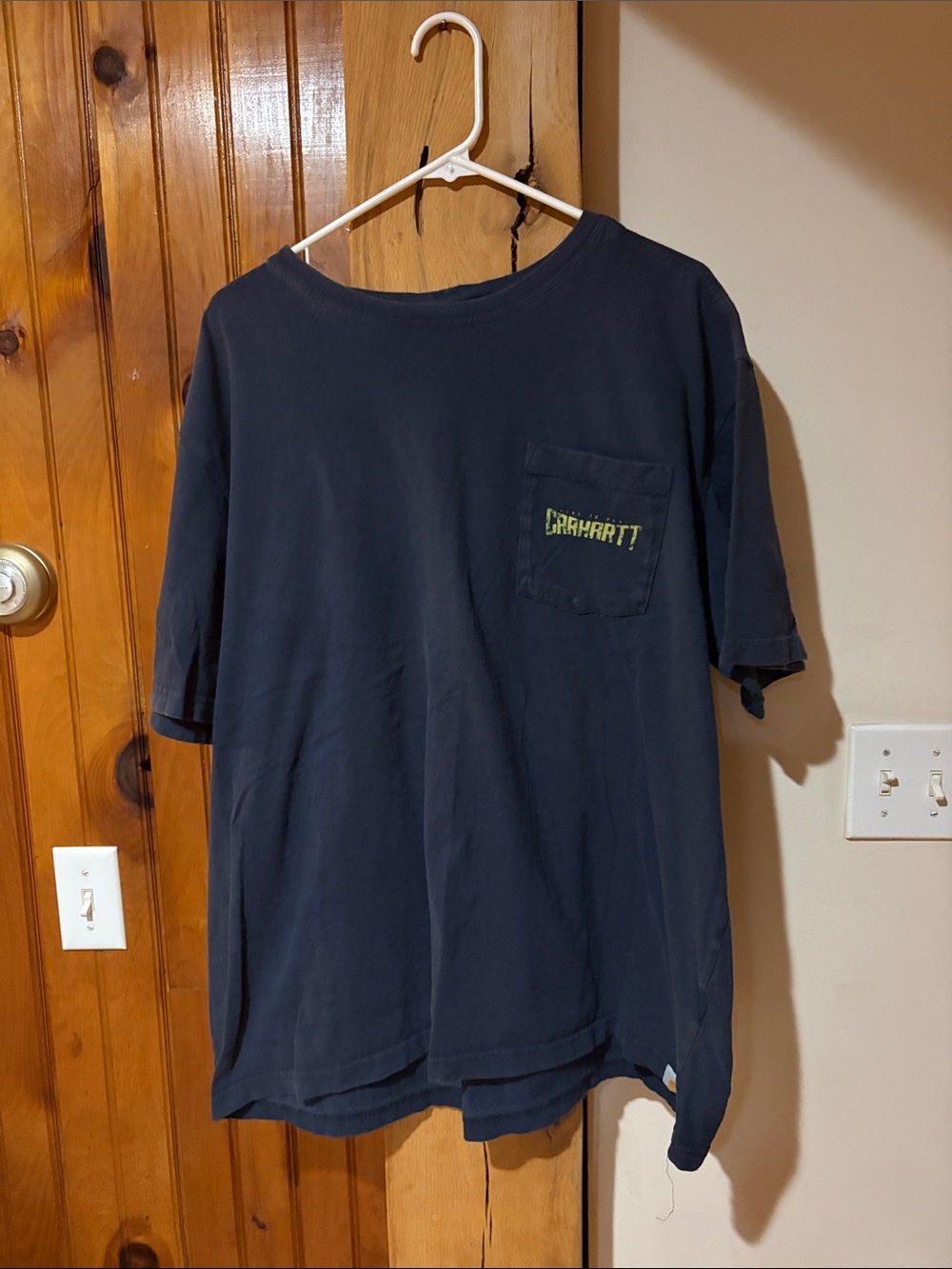 Carhartt Men’s Dark Navy Short-Sleeve Pocket Tee with Yellow Logo